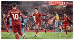 Dominik Szoboszlai célébrant son but avec Cody Gakpo et Alexis Mac Allister lors de la victoire de Liverpool 3-1 contre Tottenham à Anfield en Carabao Cup.