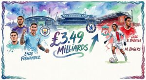 Illustration en style aquarelle montrant des joueurs de football et les logos des clubs de Premier League célébrant un record de dépenses lors du mercato.