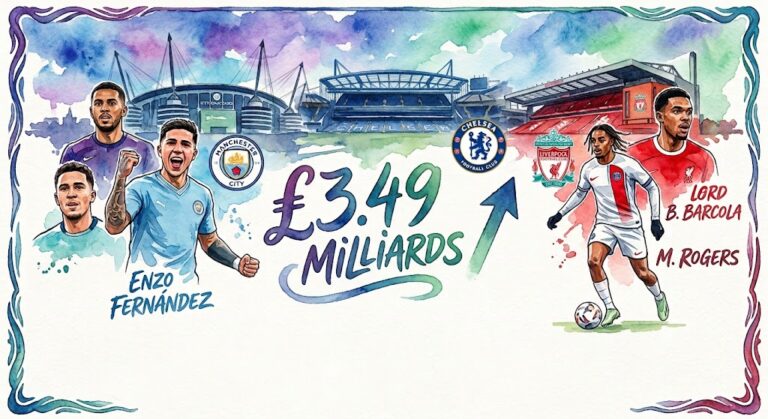 Illustration en style aquarelle montrant des joueurs de football et les logos des clubs de Premier League célébrant un record de dépenses lors du mercato.