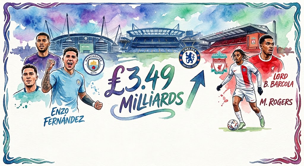 Illustration en style aquarelle montrant des joueurs de football et les logos des clubs de Premier League célébrant un record de dépenses lors du mercato.