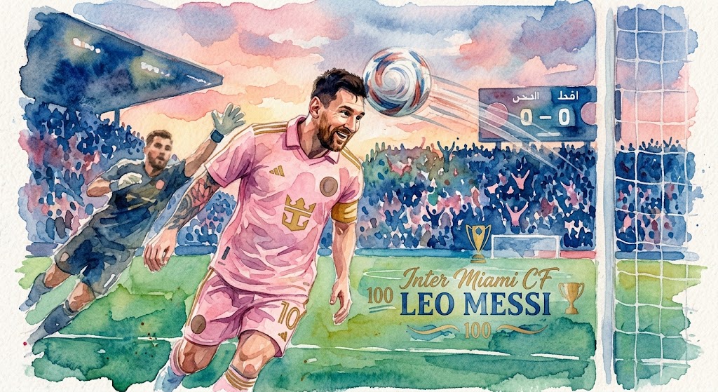 Illustration en aquarelle de Lionel Messi marquant un but de la tête avec l'Inter Miami contre Cruz Azul.