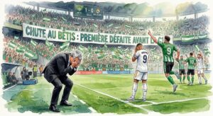 Illustration en aquarelle de José Mourinho et Kylian Mbappé déçus après la défaite 1-0 du Real Madrid contre le Betis Séville à La Cartuja.