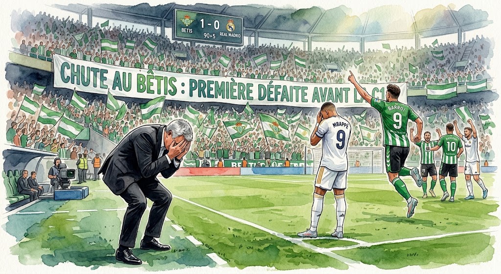 Illustration en aquarelle de José Mourinho et Kylian Mbappé déçus après la défaite 1-0 du Real Madrid contre le Betis Séville à La Cartuja.