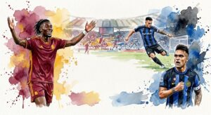 Illustration en aquarelle montrant Kouadio Koné célébrant les bras ouverts sous le maillot de la Roma et Lautaro Martínez déterminé sous les couleurs de l'Inter Milan.
