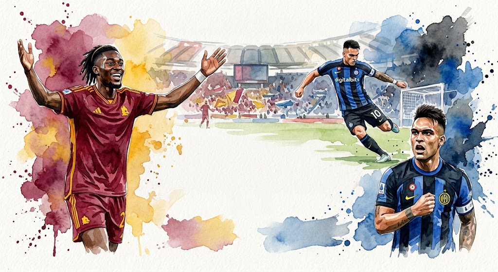 Illustration en aquarelle montrant Kouadio Koné célébrant les bras ouverts sous le maillot de la Roma et Lautaro Martínez déterminé sous les couleurs de l'Inter Milan.