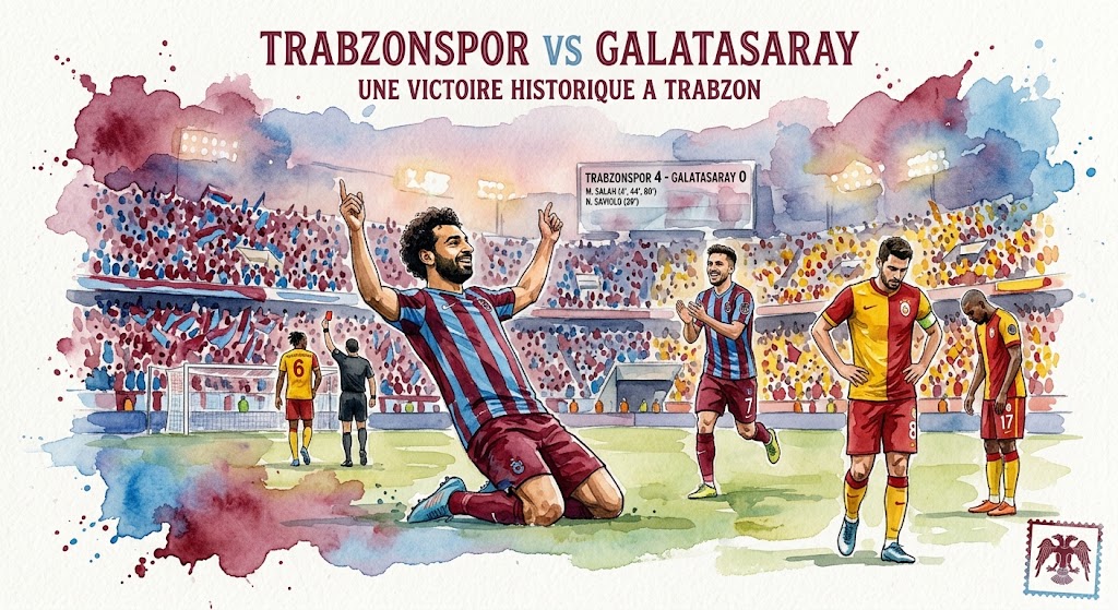 Illustration en aquarelle montrant Mohamed Salah célébrant à genoux avec les bras levés sous le maillot de Trabzonspor, face à la désillusion des joueurs de Galatasaray.