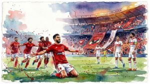 Illustration artistique en aquarelle de la célébration des joueurs d'Al Ahly après leur victoire 2-0 contre le Zamalek.