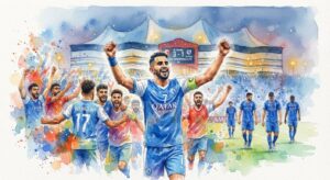 Illustration aquarelle de la célébration des joueurs d'Al-Shamal après leur victoire 3-1 contre Al-Hilal en Ligue des champions d'Asie.