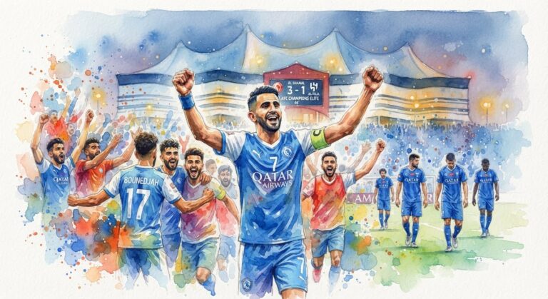 Illustration aquarelle de la célébration des joueurs d'Al-Shamal après leur victoire 3-1 contre Al-Hilal en Ligue des champions d'Asie.