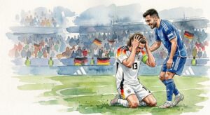 Illustration en aquarelle représentant un joueur allemand déçu à genoux aux côtés d'un joueur grec lors du match de Ligue des Nations.