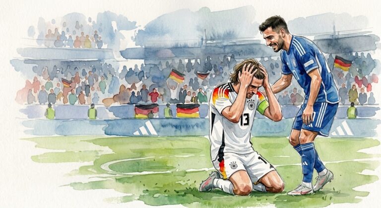 Illustration en aquarelle représentant un joueur allemand déçu à genoux aux côtés d'un joueur grec lors du match de Ligue des Nations.