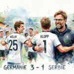 Illustration en aquarelle de Jürgen Klopp et des joueurs allemands célébrant la victoire contre la Serbie.