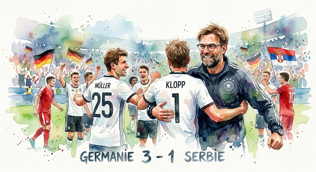 Illustration en aquarelle de Jürgen Klopp et des joueurs allemands célébrant la victoire contre la Serbie.