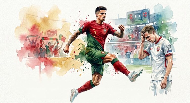 Une illustration à l'aquarelle montre un joueur portugais courant avec le ballon et un joueur norvégien déçu dans un stade de football.
