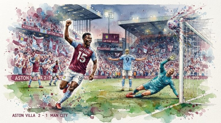 • Illustration en aquarelle du match Aston Villa contre Manchester City avec Nicolas Jackson célébrant son but à Villa Park.