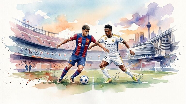 Illustration en style aquarelle montrant un duel sur le terrain entre Lamine Yamal sous le maillot du Barça et Vinícius Júnior sous le maillot du Real Madrid.