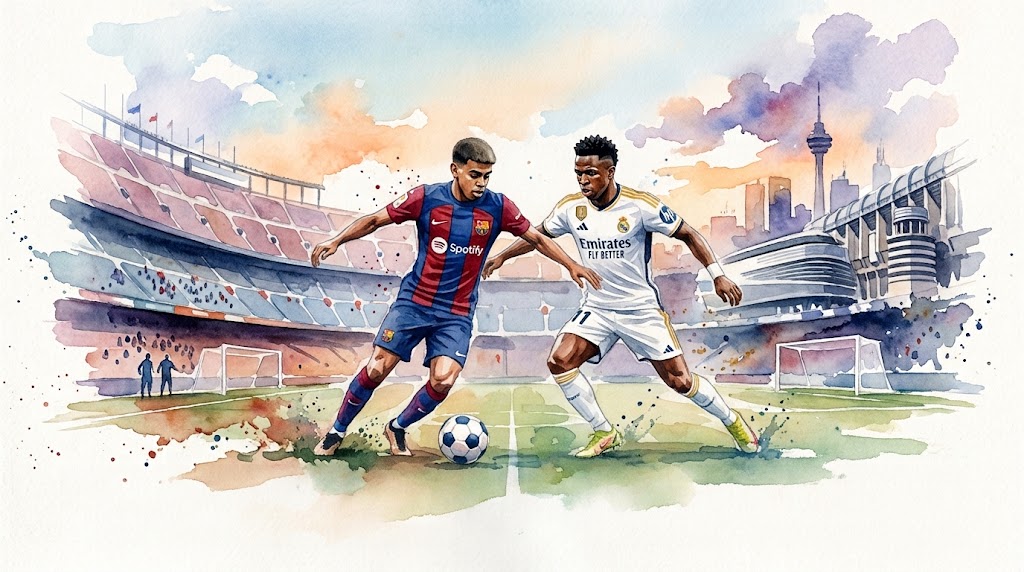 Illustration en style aquarelle montrant un duel sur le terrain entre Lamine Yamal sous le maillot du Barça et Vinícius Júnior sous le maillot du Real Madrid.