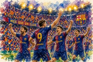 Joueurs du FC Barcelone célébrant un but en style aquarelle au Camp Nou lors de la victoire 3-0 contre Getafe
