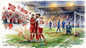 • Illustration artistique en aquarelle du match de Botola Pro opposant Amal Tiznit au COD Meknès dans un stade marocain animé.