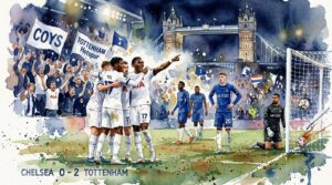 • Illustration en aquarelle du match Chelsea contre Tottenham avec Mathys Tel et les Spurs célébrant leur but à Stamford Bridge.