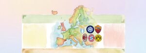 Illustration en aquarelle représentant une carte de l'Europe avec les logos des clubs de football encore invaincus.