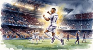 • Illustration artistique en aquarelle pure de Kylian Mbappé célébrant son but sous le maillot du Real Madrid face au FC Barcelone au Camp Nou.