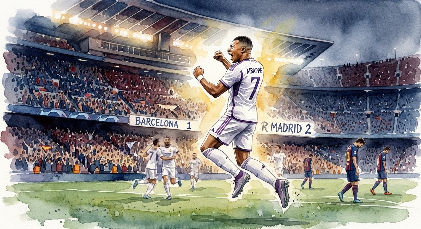 • Illustration artistique en aquarelle pure de Kylian Mbappé célébrant son but sous le maillot du Real Madrid face au FC Barcelone au Camp Nou.