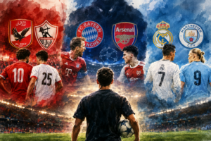 Illustration à l’aquarelle des rivalités entre Al Ahly et le Zamalek, le Bayern Munich et Arsenal, le Real Madrid et Manchester City.