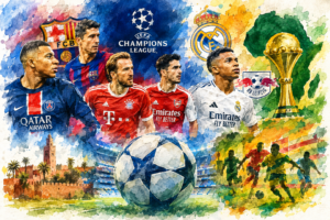 Illustration aquarelle des grandes affiches de football européen et africain du 16 au 22 octobre 2026.