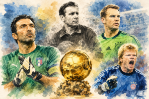 Illustration à l’aquarelle des grands gardiens de but autour du Ballon d’Or, avec Lev Yachine, Gianluigi Buffon, Manuel Neuer et Oliver Kahn.