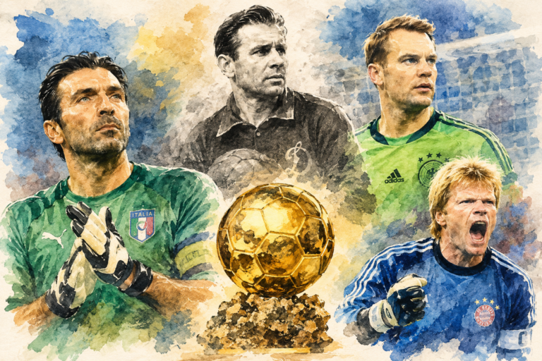 Illustration à l’aquarelle des grands gardiens de but autour du Ballon d’Or, avec Lev Yachine, Gianluigi Buffon, Manuel Neuer et Oliver Kahn.