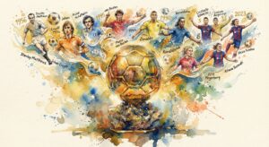 Illustration style aquarelle artistique du trophée du Ballon d'Or avec éclats de peinture dorée.