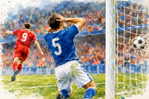 Illustration aquarelle d’un défenseur de football déçu après un but contre son camp.