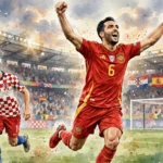 Mikel Merino célèbre son but de la victoire pour l'Espagne contre la Croatie lors de la Ligue des Nations 2026 - illustration aquarelle
