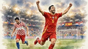 Mikel Merino célèbre son but de la victoire pour l'Espagne contre la Croatie lors de la Ligue des Nations 2026 - illustration aquarelle