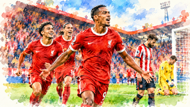 Illustration à l’aquarelle de joueurs de Liverpool célébrant leur victoire 2-1 contre Brentford.