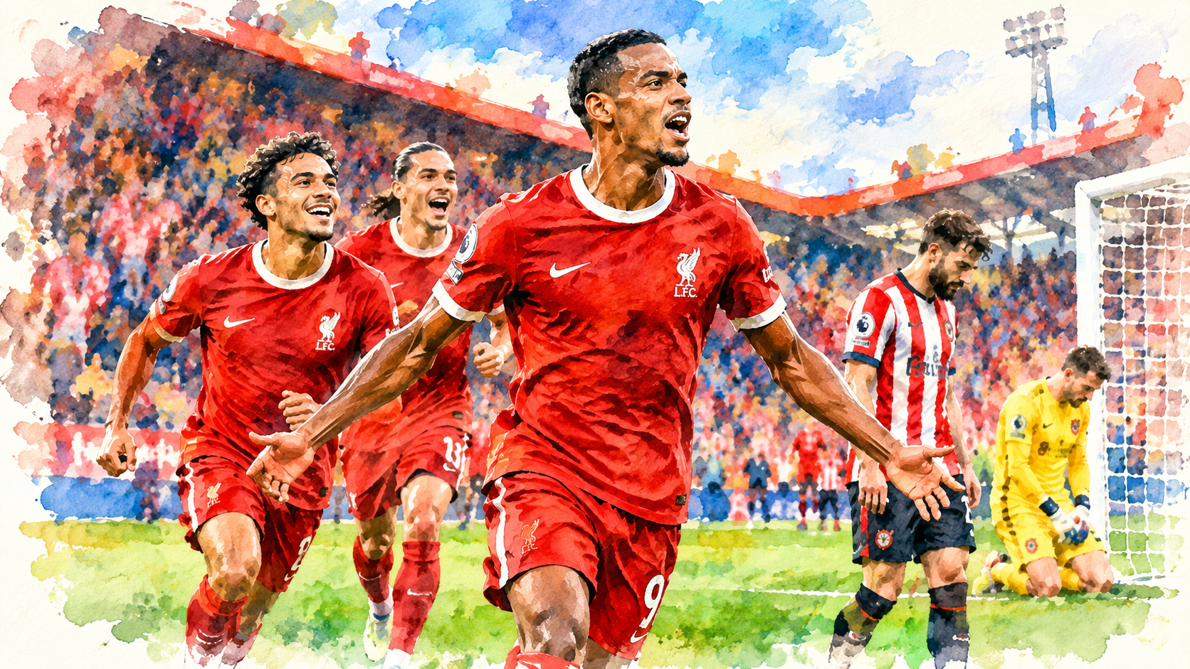 Illustration à l’aquarelle de joueurs de Liverpool célébrant leur victoire 2-1 contre Brentford.