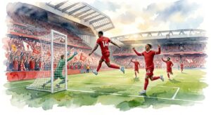 • Illustration artistique en aquarelle du match Liverpool vs Brighton avec Alexander Isak et Bradley Barcola célébrant un but à Anfield.
