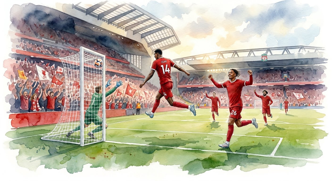 • Illustration artistique en aquarelle du match Liverpool vs Brighton avec Alexander Isak et Bradley Barcola célébrant un but à Anfield.