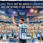 Illustration style aquarelle de Lionel Messi de dos avec le maillot numéro 10 argentin, saluant la foule en liesse dans un stade festif sous des feux d'artifice.