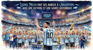 Illustration style aquarelle de Lionel Messi de dos avec le maillot numéro 10 argentin, saluant la foule en liesse dans un stade festif sous des feux d'artifice.