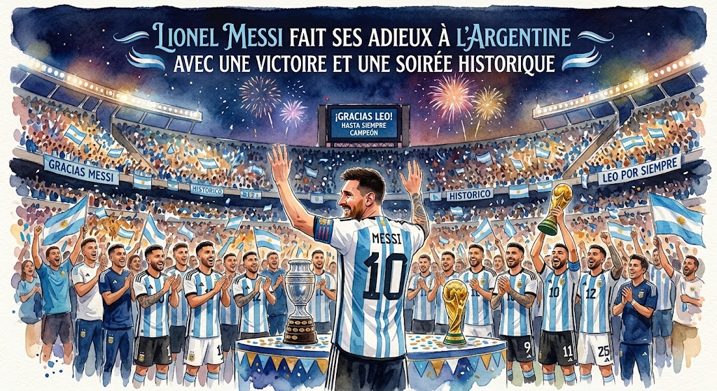 Illustration style aquarelle de Lionel Messi de dos avec le maillot numéro 10 argentin, saluant la foule en liesse dans un stade festif sous des feux d'artifice.
