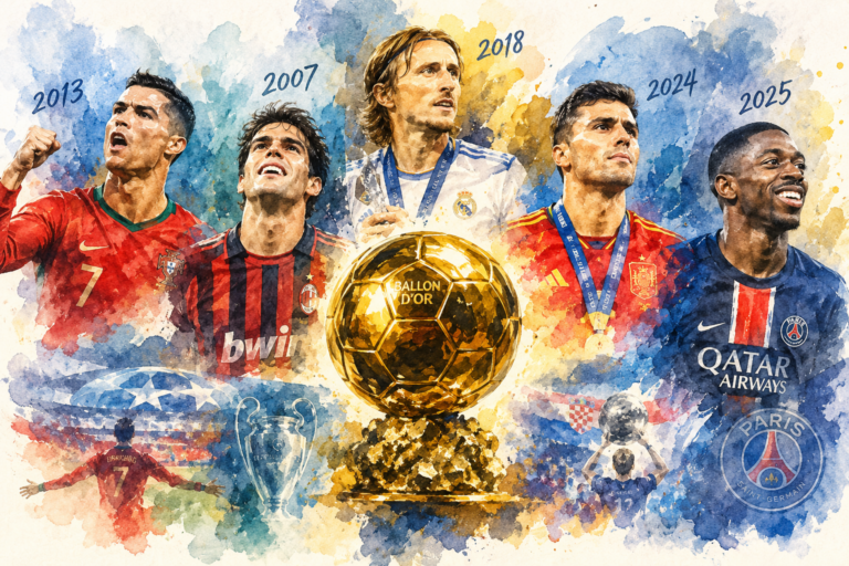 Illustration à l’aquarelle des grands moments du Ballon d’Or avec Ronaldo, Kaká, Modrić, Rodri et Dembélé.