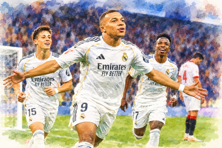 Joueurs du Real Madrid célébrant leur victoire 4-1 contre Séville avant le Clasico.