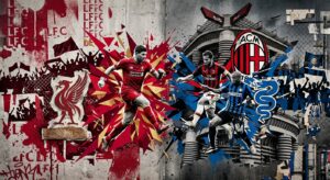 Collage urbain dynamique de style grunge combinant les logos et les joueurs de Liverpool et de l'AC Milan face à l'Inter, avec le stade de San Siro en arrière-plan.