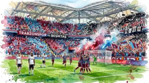 Digital watercolor painting showing Trabzonspor players celebrating a goal while Beşiktaş players walk away on the pitch in a crowded stadium.